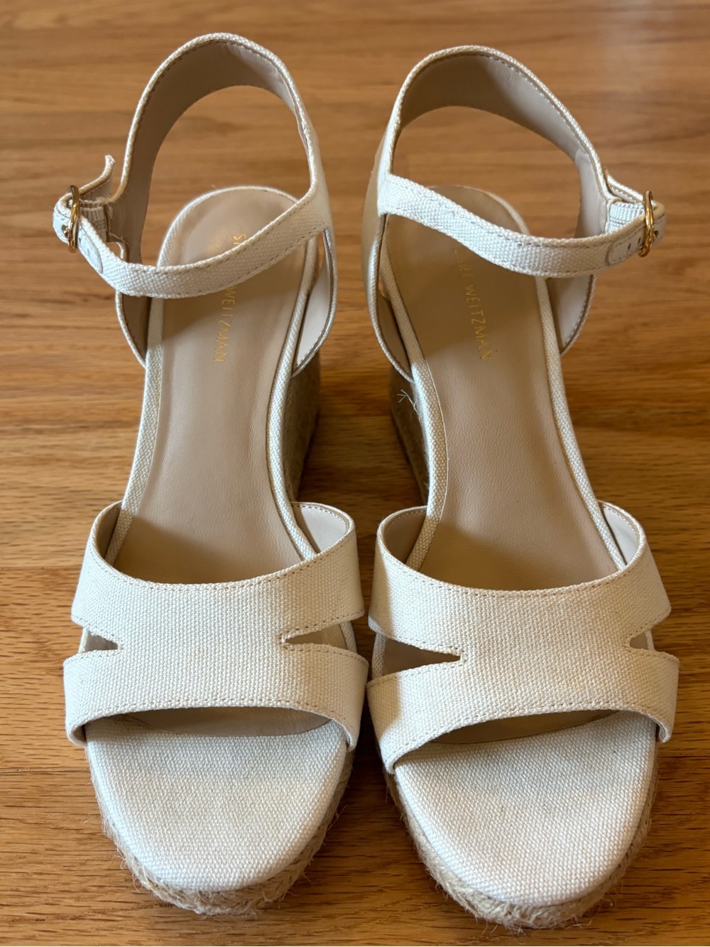 Stuart Weitzman Mykonos Espadrille Open Toe White Canvas Wedge Sandals Size 6.5